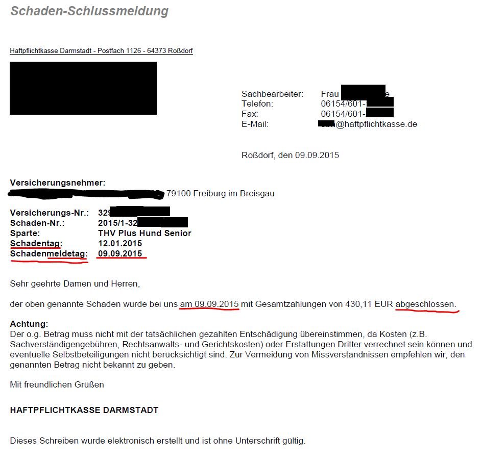 Schaden komplett bezahlt Haftpflichtkasse Darmstadt Hundehalterhaftpflicht+Schadenabwicklung