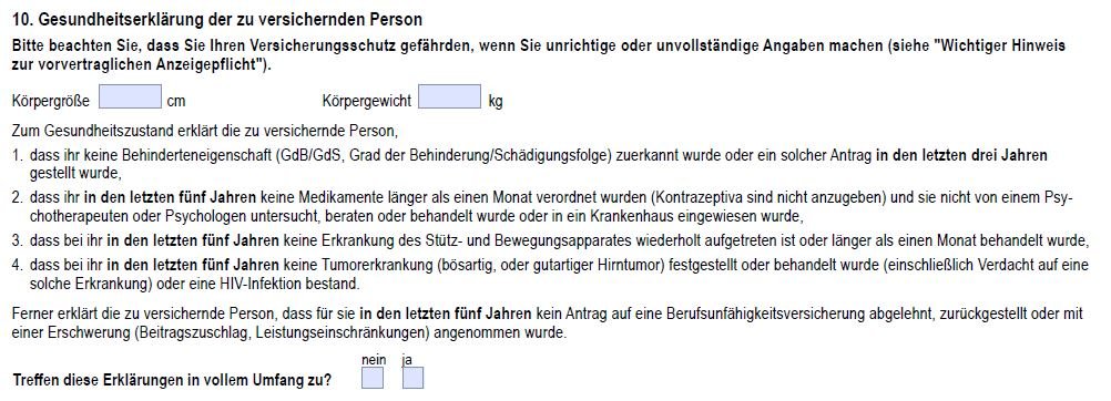 reduzierte Gesundheitsprüfung Berufsunfähigkeitsversicherung
